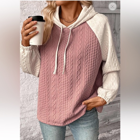 Tops - NWOT Cozy Jacquard Patchwork Pink Long Sleeve Oversized Hoodie Medium Preppy